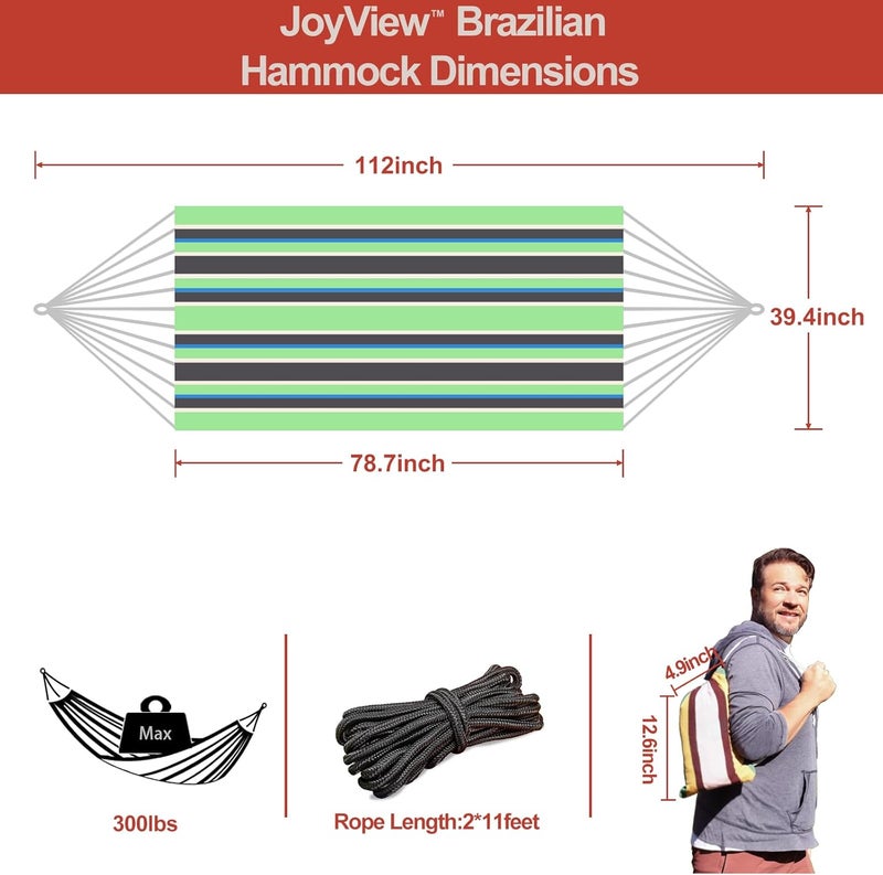 JoyView Brazilian Hammock for Single Preson - 78.8x39.4” Portable Cotton Hammock with Hanging Ropes & Carry Bag Large for Patio 300LBS Capacity Perfect for Outdoor/Indoor - Green/Black Stripe - Image 2